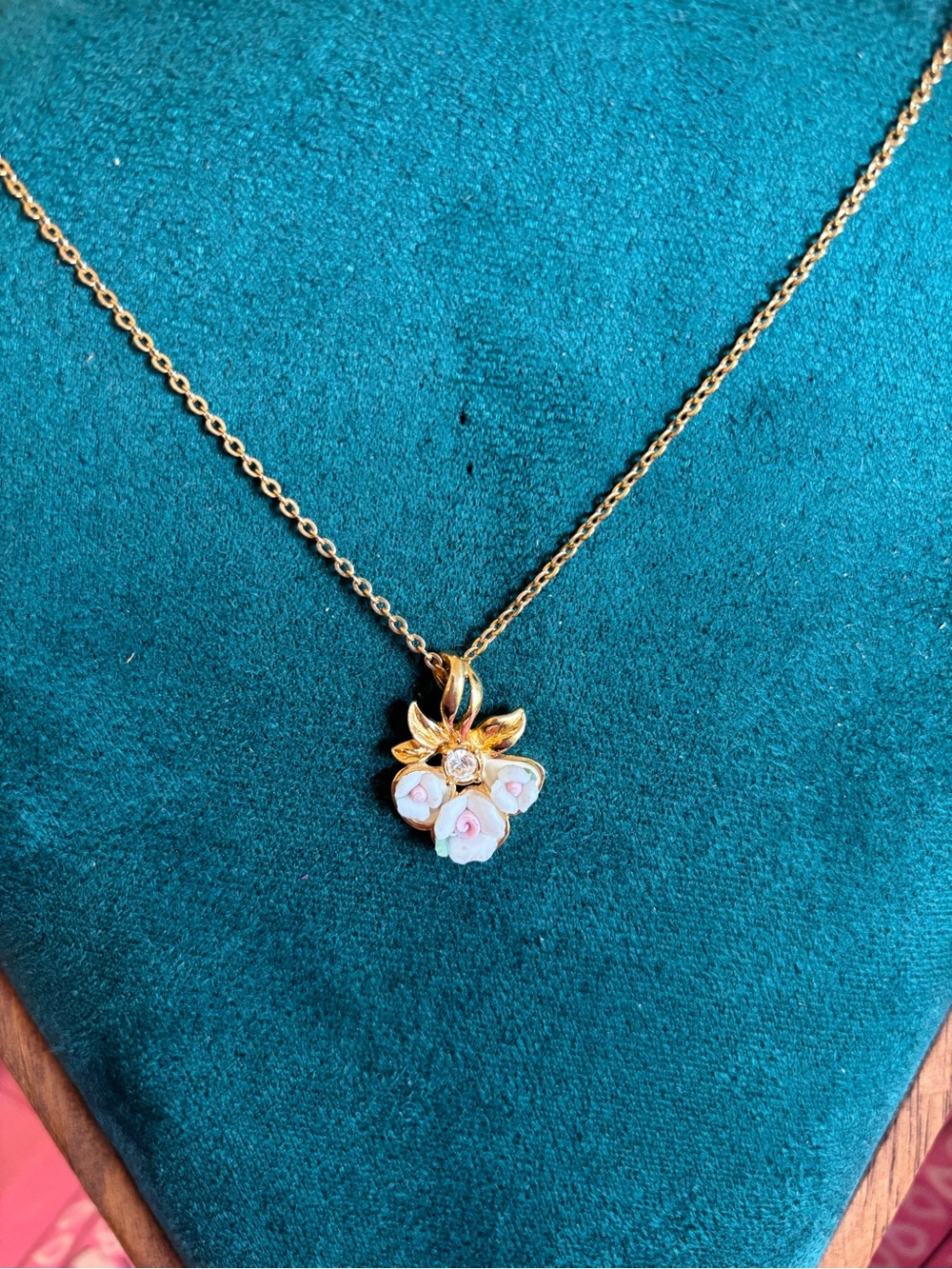Vintage Avon Gold Floral Pendant Necklace with Pink Enamel Roses